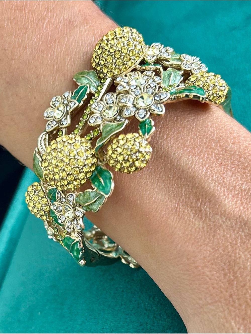 Heidi Daus Gold-Tone Yellow Crystal Floral & Green Enamel Cuff Bracelet